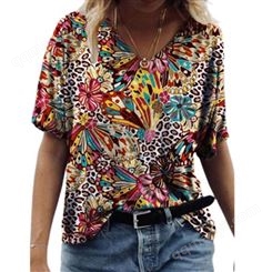  外贸新款女士V领短袖上衣 夏季性感3D抽象印花T恤 批发